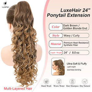 Curly Wavy Hair Extension – 24” Long Ponytail with Jaw Claw Clip in