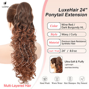 Curly Wavy Hair Extension – 24” Long Ponytail with Jaw Claw Clip in